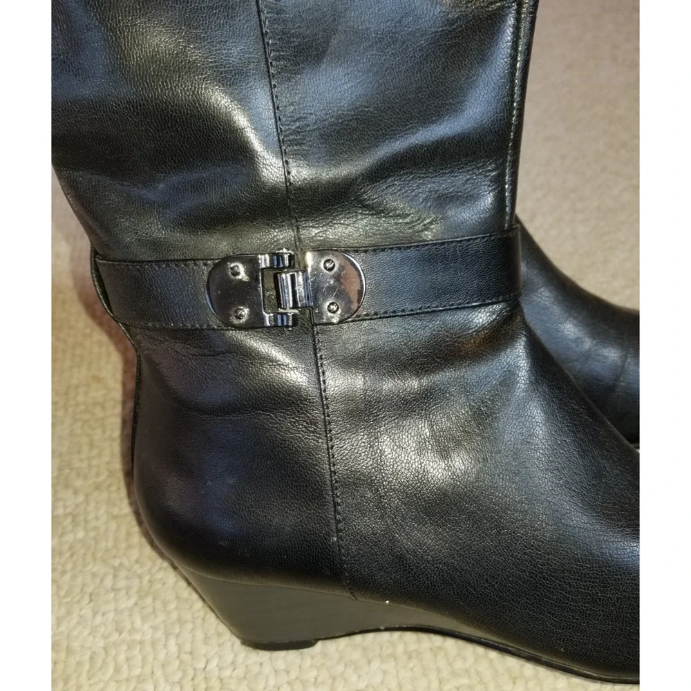 Womens Boots-BANDOLINO-black leather knee boots 'Bdadanna' wedged-6.5 M